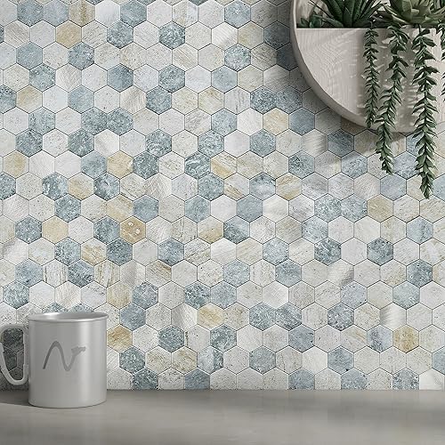 Peel and Stick Backsplash Hexagon Marble Tiles Blue Green 5pcs by MOFIT