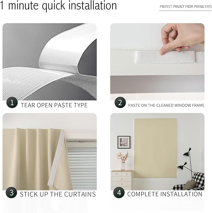 Thermal Blackout Curtains with Self-Adhesive Tape, No Rod No Drill Easy Install - Image 4