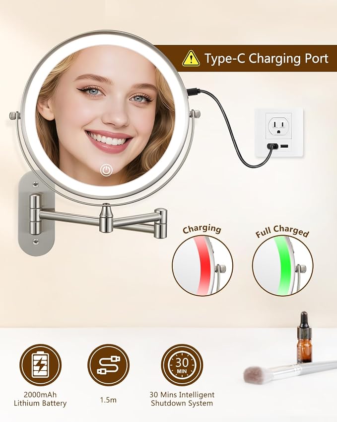 DECLUTTR 9" Wall Mounted Lighted Makeup Mirror, Rechargeable 1X/20X Magnifying - Image 4