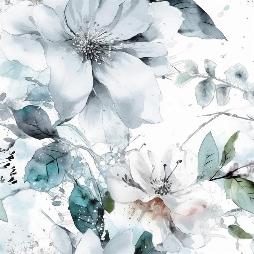 Ice Blue White Large Hyacinth Floral Green Leaf Peel and Stick Wallpaper Wall by VistaPalette