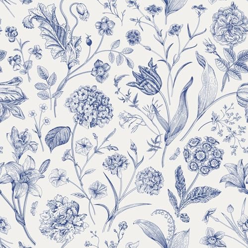 White and Blue Floral Peel and Stick Wallpaper Vintage 17in x 118in by lenify