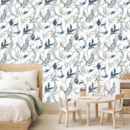 Sage Green and Blue Leaf Peel and Stick Wallpaper 17.7in x 88.5in - Image 3
