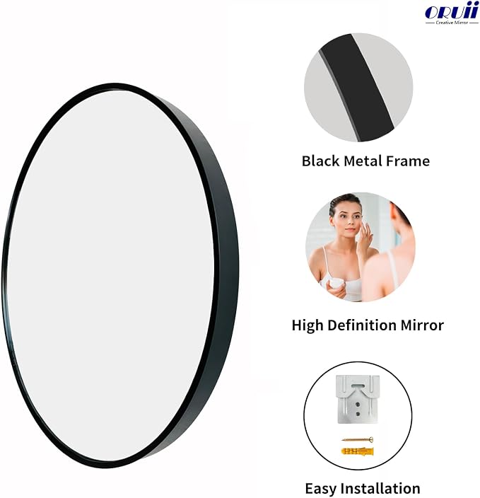 Oruii Black Circle Mirror, 18 inch Round Mirror Metal Frame, Living Room - Image 2