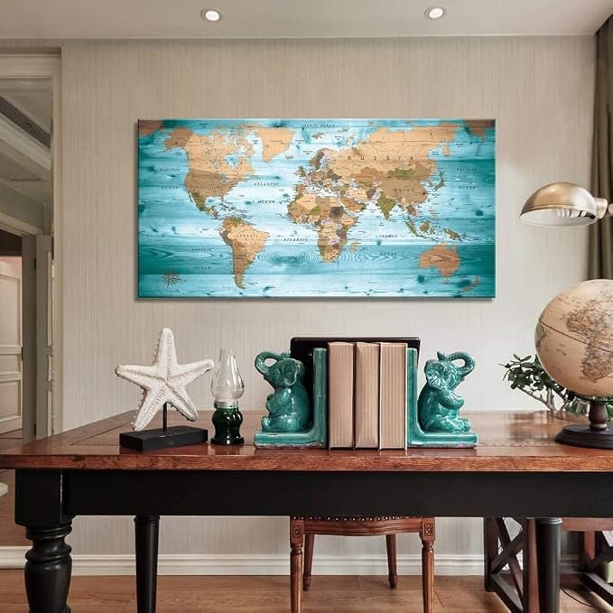 Large Wall Art Blue Painting Ready to Hang 40"x78"Large map of the world Framed - Image 2
