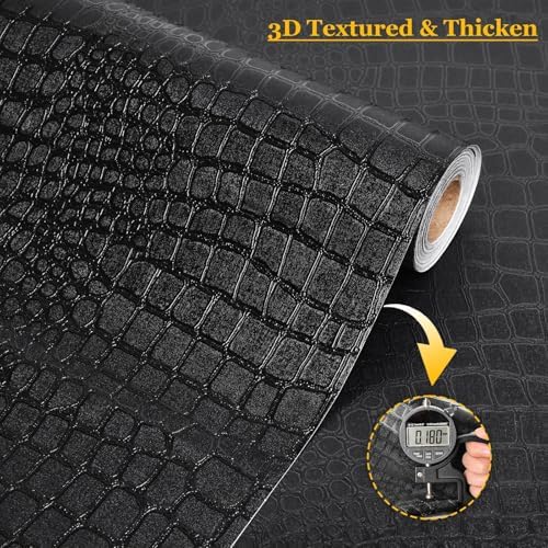 Fititem 17.3”×472” Black Peel and Stick Wallpaper Crocodile Texture Modern - Image 2