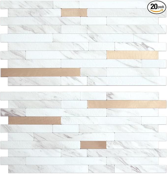 AULIGET 20 Sheets Faux Stone White Marble Peel and Stick Backsplash, PVC Mixed by AULIGET