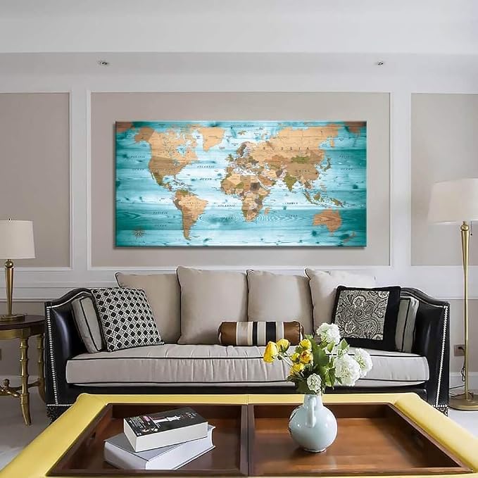Large Wall Art Blue map of The World Painting Ready to Hang 20"x40"Large Framed - Image 2