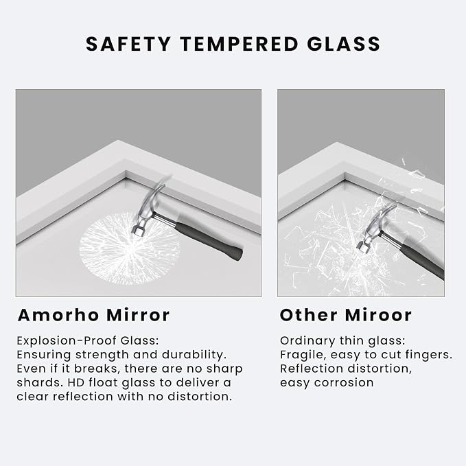 Amorho Bathroom Mirror, 48x30 Inch White Thick Metal Framed Wall Mirrors - Image 4