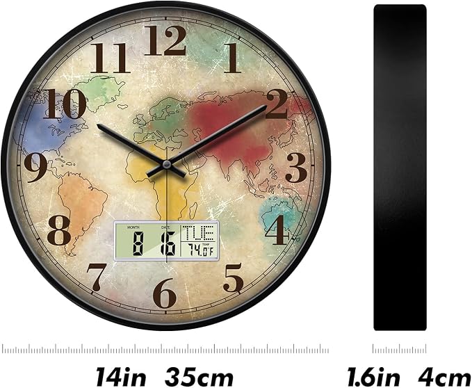 14" Silent Non-Ticking Vintage Distressed World Map Wall Clock, Battery - Image 6