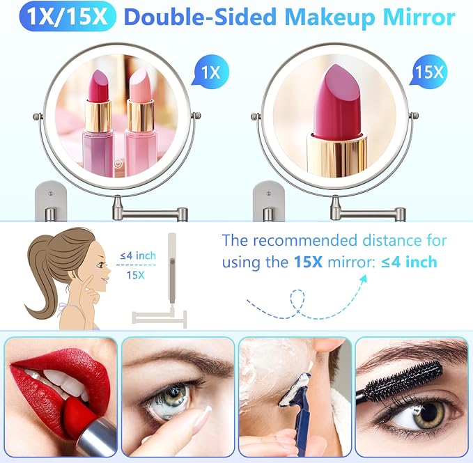 ALHAKIN 9" Wall Mounted Lighted Makeup Mirror, Rechargeable 1X/15X Magnifying - Image 4