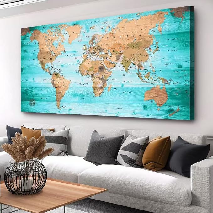 Large Wall Art Blue map of The World Painting Ready to Hang 20"x40"Large Framed by ZEYDRT