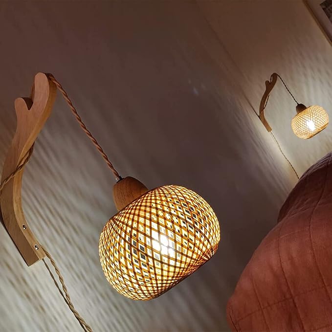 Frideko Bamboo Wall Sconces Set of Two Plug in, Boho Wall Lamp - Image 2