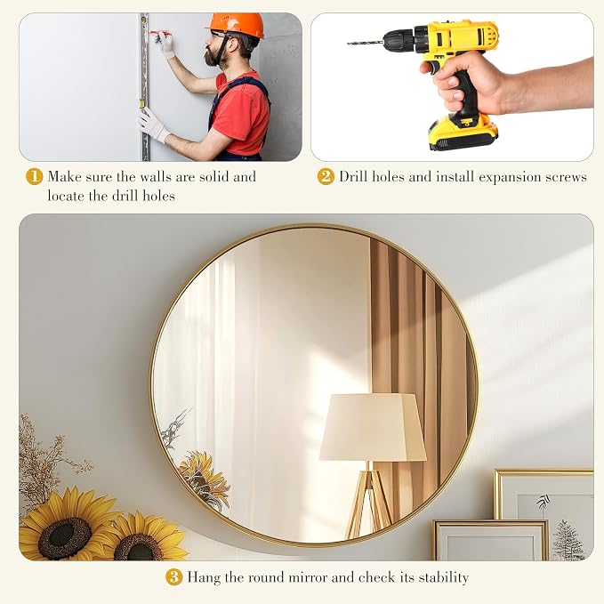DUMOS Gold Circle Mirror for Wall 24.02 inch, Bathroom Round Mirror for Over - Image 6