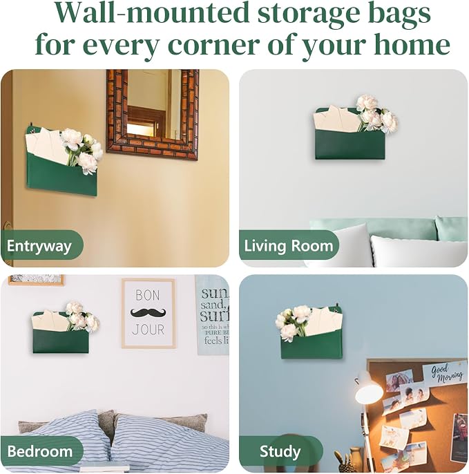 3 PCS Wall Mount PU Leather Mail Holder Green Faux Leather Letter Holder - Image 4