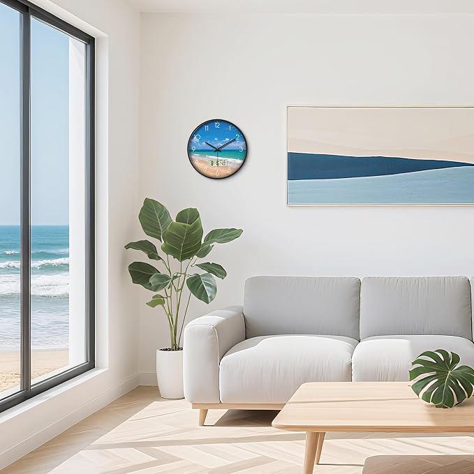 14" Silent Non-Ticking Modern Coastal Beach Wall Clock, Battery Operated Analog - Image 5