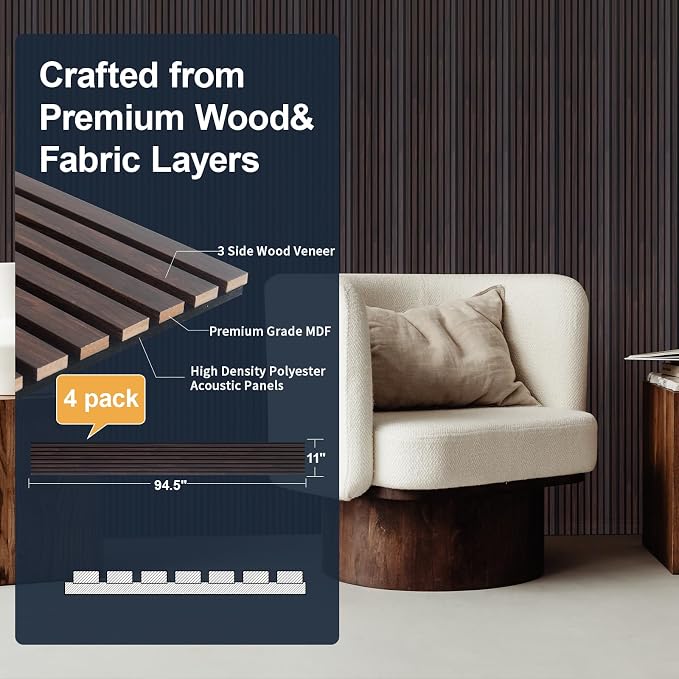 NeatiEase Wood Panels for Wall, 4-Piece 94.5" x 11" Soundproof Wood Slat Wall - Image 2