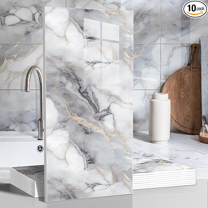 10pcs Thick Marble Peel and Stick Waterproof Wall Panels, Heat-Resistant by Chejiaye