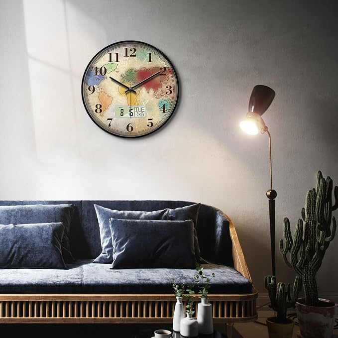 14" Silent Non-Ticking Vintage Distressed World Map Wall Clock, Battery - Image 4