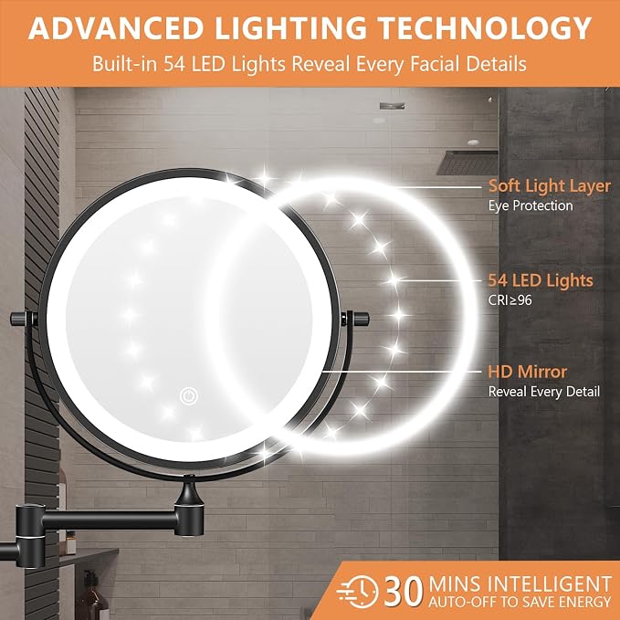 Auxmir 1X/30X Wall Mounted Lighted Makeup Mirror, Touch Dimmable 3 Color Light - Image 4