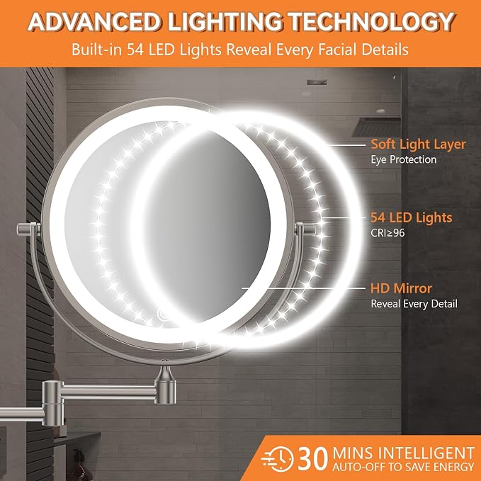 Auxmir 1X/30X Wall Mounted Lighted Makeup Mirror, Touch Dimmable 3 Color Lights - Image 4
