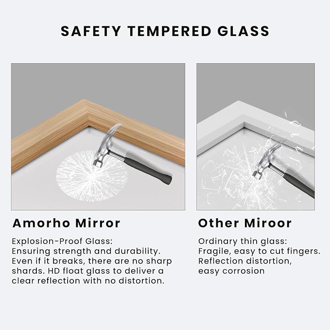 Amorho Bathroom Mirror for Wall, 40X32 Inch Oak Wood Grain Metal Framed Mirror - Image 3