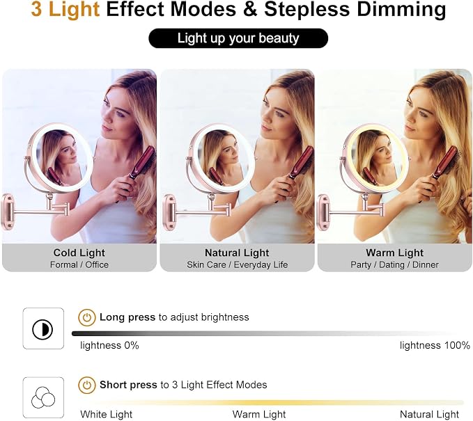 9" Wall Mounted Lighted Makeup Mirror, 4000mAh Rechargeable Double Sided 1X/10X - Image 4