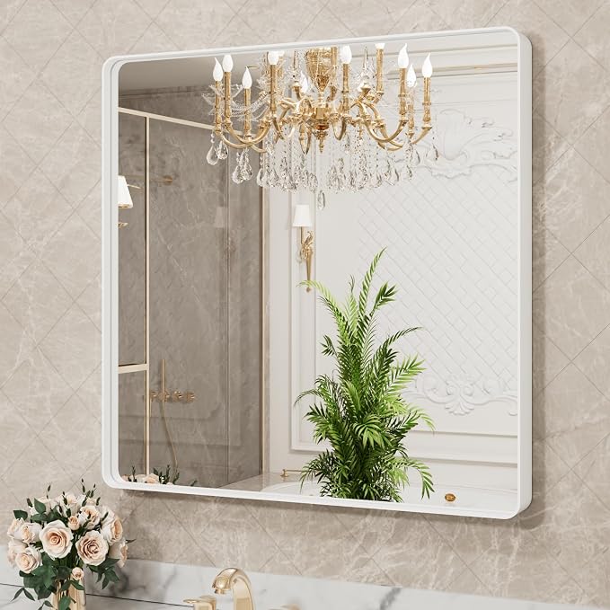 LOAAO 30x30 Inch White Metal Framed Bathroom Mirror - Image 3