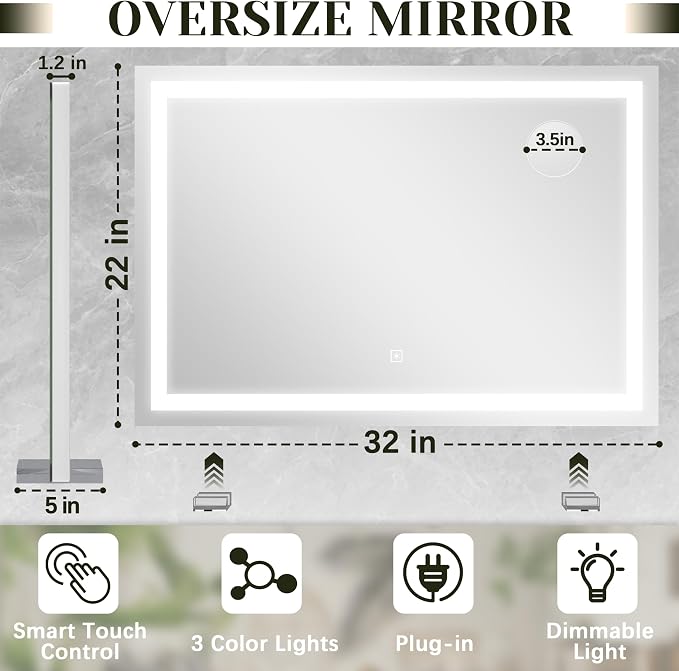 ROLOVE 32x 22 Inch Large Lighted Vanity Mirror - Image 2