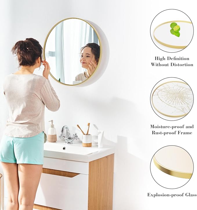 DUMOS Gold Circle Mirror for Wall 24.02 inch, Bathroom Round Mirror for Over - Image 4