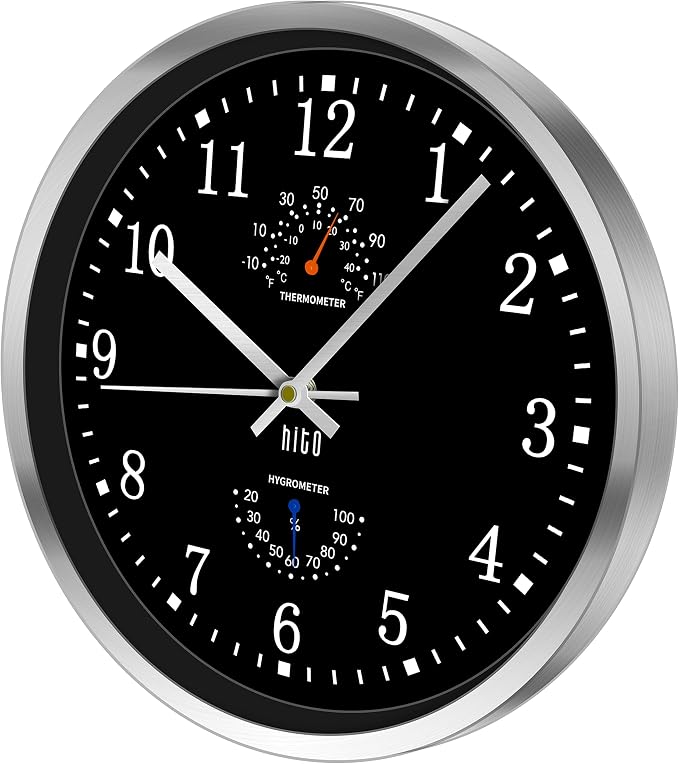 HITO 12 Inch Silent Wall Clock Battery Operated Non Ticking Glass Cover Silver - Image 2
