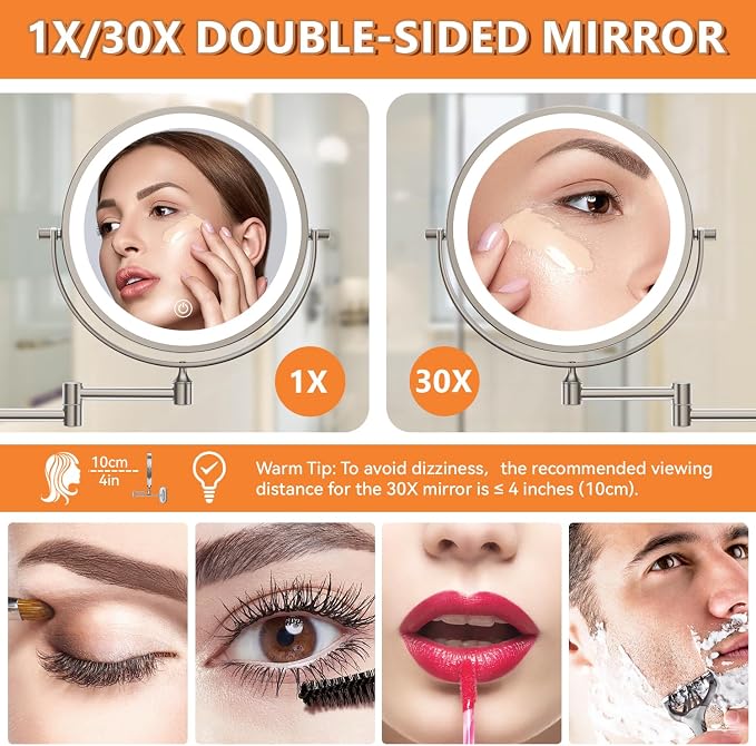 Auxmir 1X/30X Wall Mounted Lighted Makeup Mirror, Touch Dimmable 3 Color Lights - Image 2