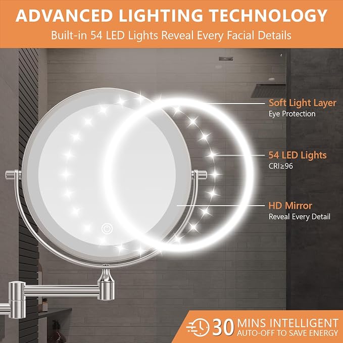 Auxmir 1X/30X Wall Mounted Lighted Makeup Mirror, Touch Dimmable 3 Color Light - Image 5