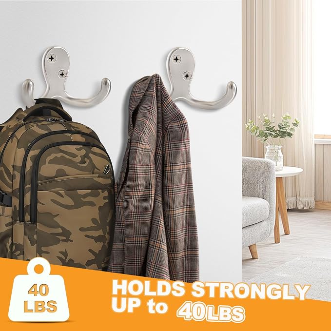 15 Pack Coat Hooks Wall Hooks for Hanging, Heavy Duty Double Prong Metal Hook - Image 3