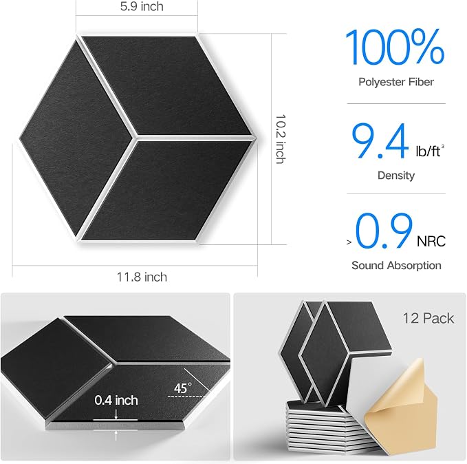 12-Pack Self-Adhesive Acoustic Panels 12" x 10" x 0.4" High-Density, - Image 3
