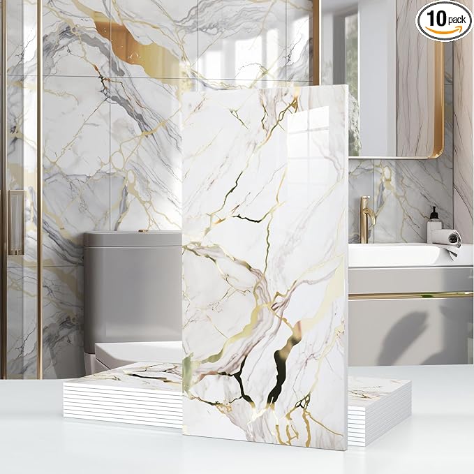 10pcs Thick Marble Peel and Stick Waterproof Wall Panels, Heat-Resistant by Chejiaye