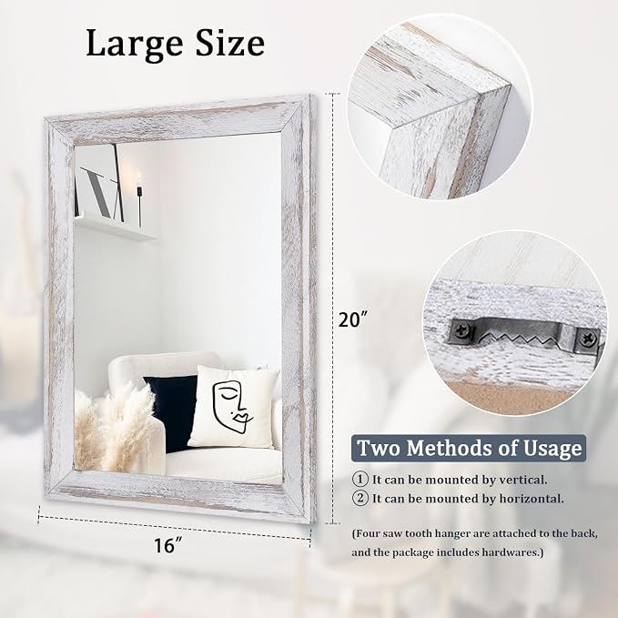 AAZZKANG Mirrors for Wall Rustic Wood Framed Hanging Mirror 20"x16" Decorative - Image 2