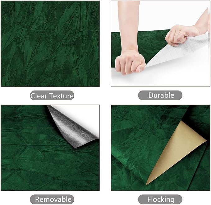 YENHOME 30"X118" Vintage Green Velvet Wallpaper Peel and Stick Dark Green - Image 3