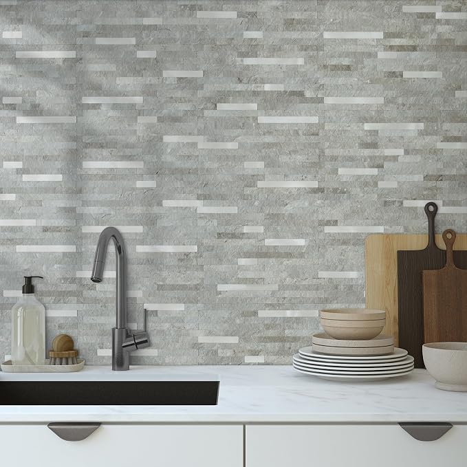 AULIGET 2 Sheets Mountain Rock Peel and Stick Backsplash, PVC Mixed Metal Gold - Image 2