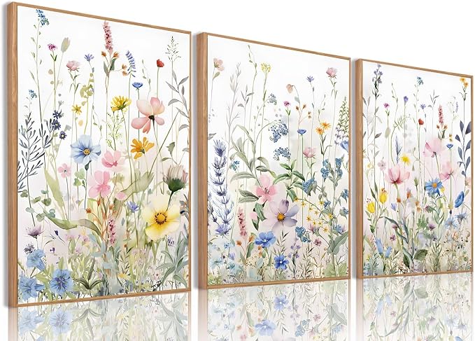 Bwodke Framed Wildflower Wall Art Watercolor Botanical Floral Colorful Canvas by Bwodke