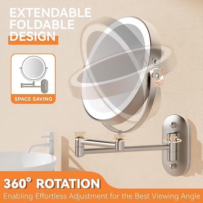 Auxmir 1X/30X Wall Mounted Lighted Makeup Mirror, Touch Dimmable 3 Color Lights - Image 8