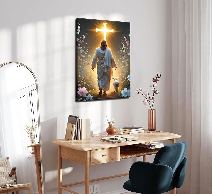 Jesus and Lamb Canvas Wall Art Christian Cross Jesus Walking Toward Light Wall - Image 6