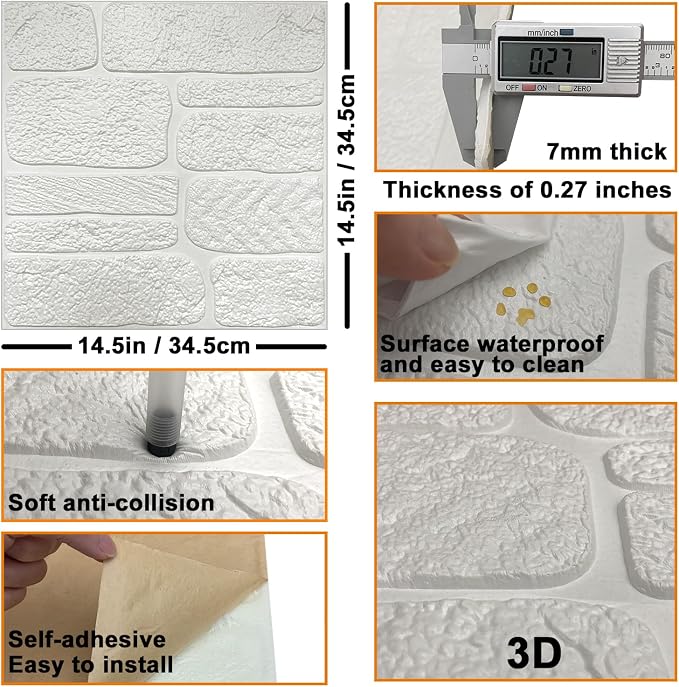 YU LI 3DH 3D Wall Panels Peel and Stick Faux Stone Wall Panel White 20-Pack - Image 6