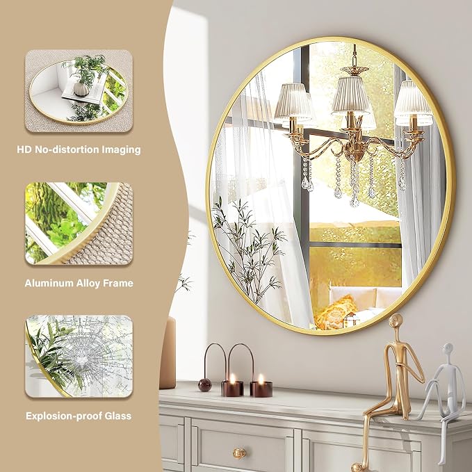 HARRITPURE 24 Inch Round Mirror, Modern Aluminum Alloy Frame Wall Mounted - Image 3