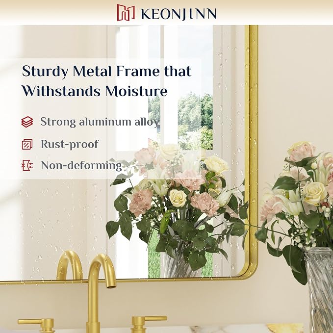 Keonjinn Gold Bathroom Mirrors for Over Sink, 40” x 24” Rounded Rectangle - Image 7