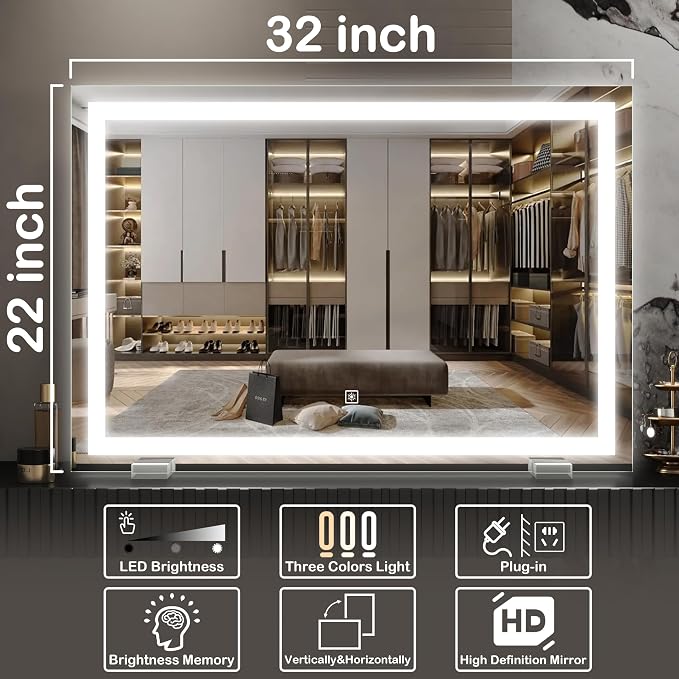 FENNIO Makeup Mirror with Lights 32"x22" ，LED Makeup Mirror ，Large Vanity - Image 3