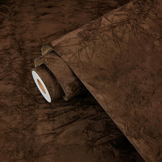 Wallercity 17.5''x236'' Brown Floral Leaves Flocking Fabric Wallpaper Peel and by Wallercity