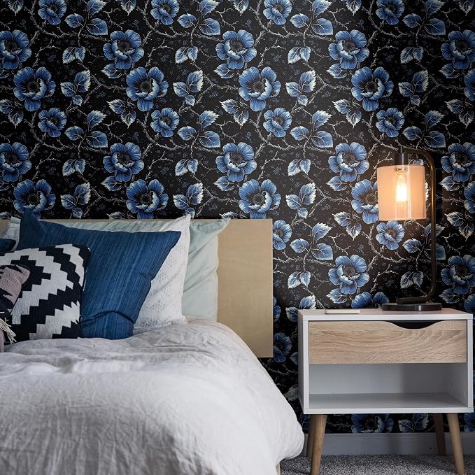 FLFK Vintage Floral Wallpaper Peel and Stick Dark Blue Flower Wallpaper 16" x - Image 3