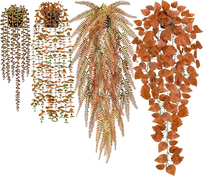 Der Rose 4Pcs Fake Fall Plants Hanging Orange Artificial Eucalyptus Plants by DerRose