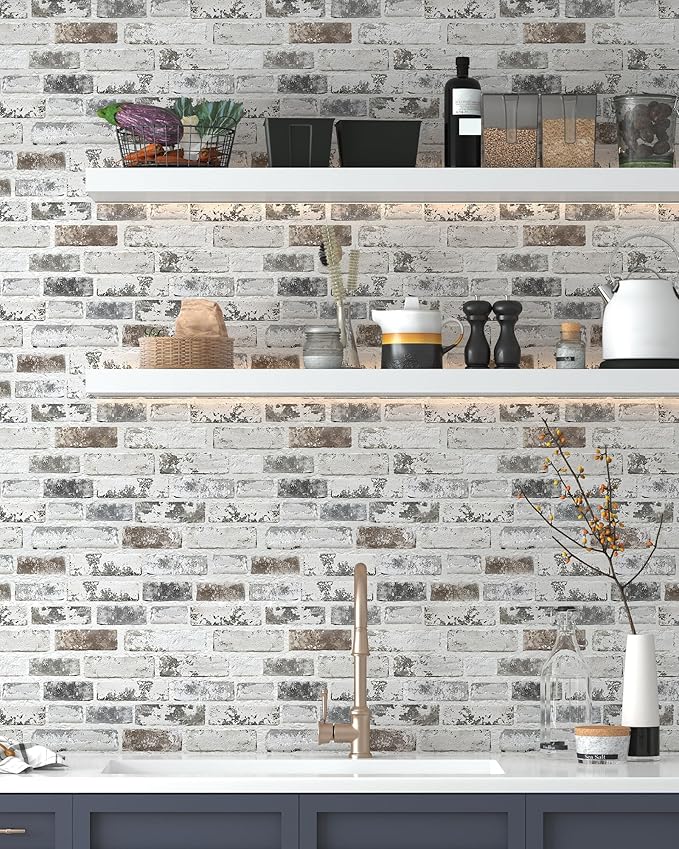 Brick Wallpaper Peel and Stick Wallpaper 17.3"x787" Grey and White 3D Brick - Image 6